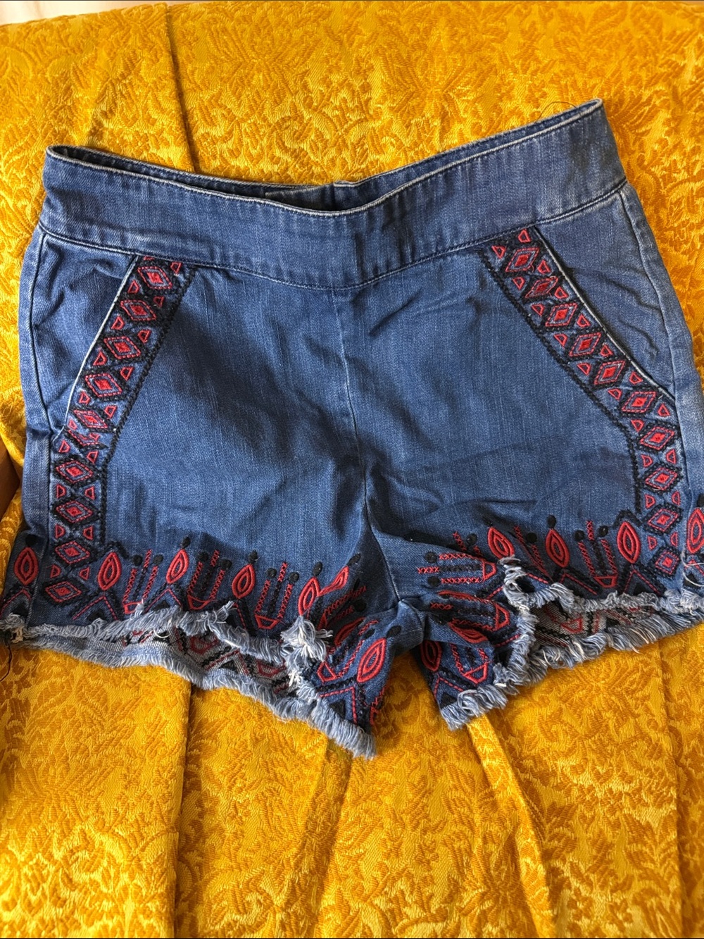 Blank NYC Blue Denim Shorts with Red Embroidered Trim